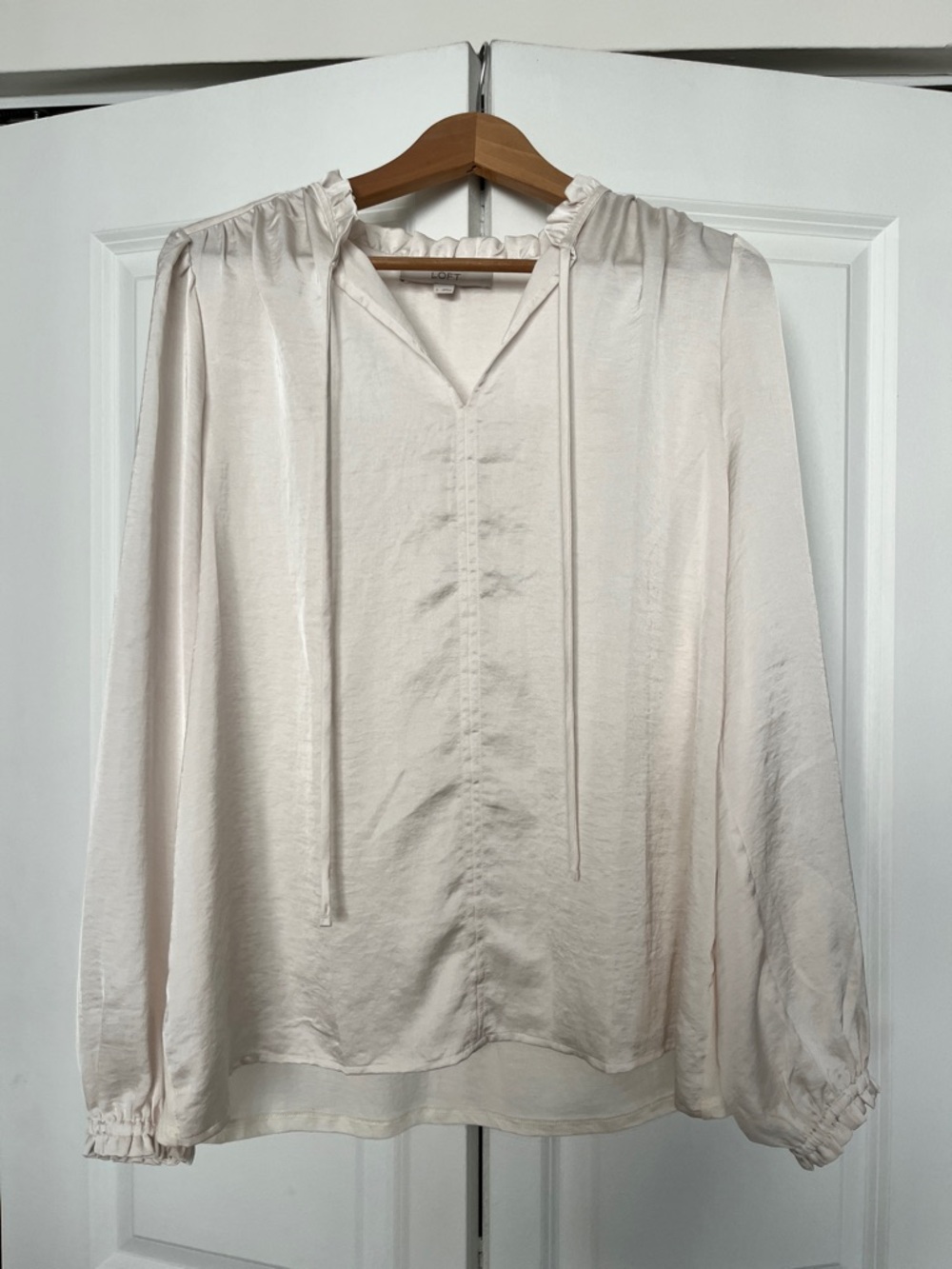 LOFT Cream Ruffle-Trim V-Neck Blouse